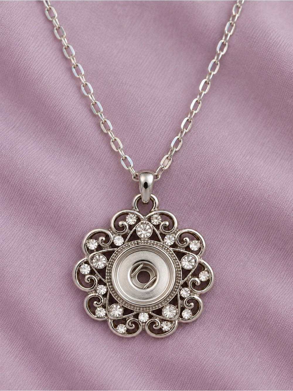 Silver Floral Crystal Snap Pendant Necklace - Women Jewelry with 2 Charms